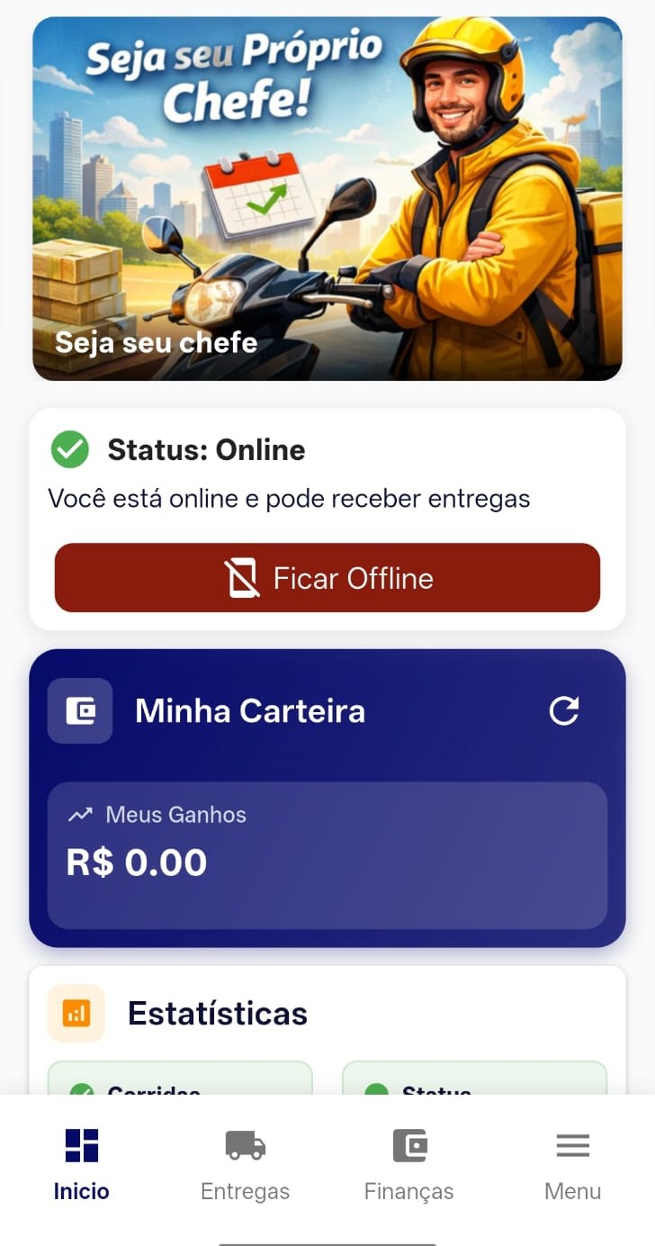 Tela inicial do app Velozly para entregadores: status online com botão para ficar offline, carteira com os ganhos e bloco de estatísticas.