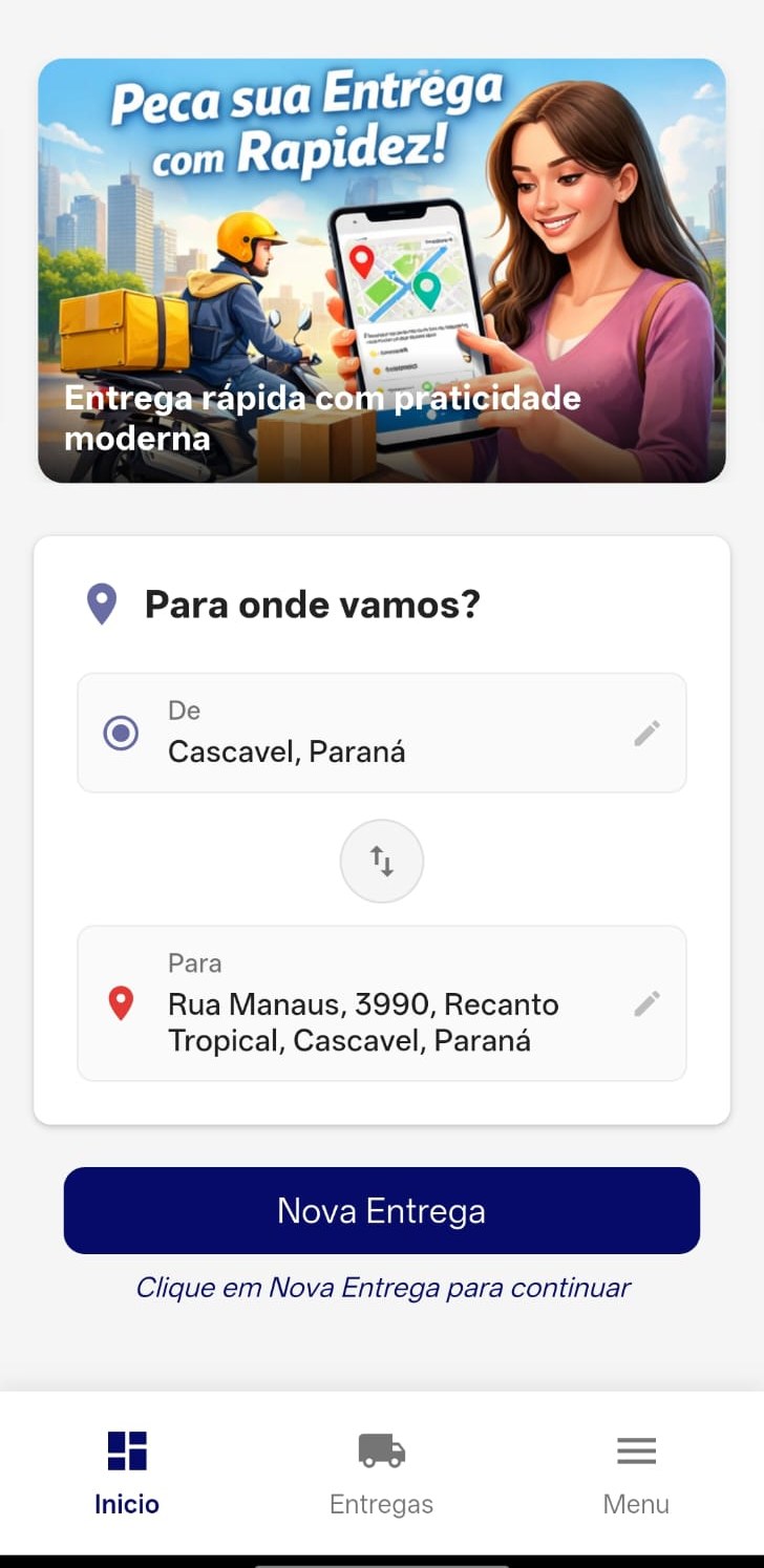 Tela inicial do aplicativo Velozly: campos de origem e destino, botão para inverter os endereços e botão Nova Entrega.
