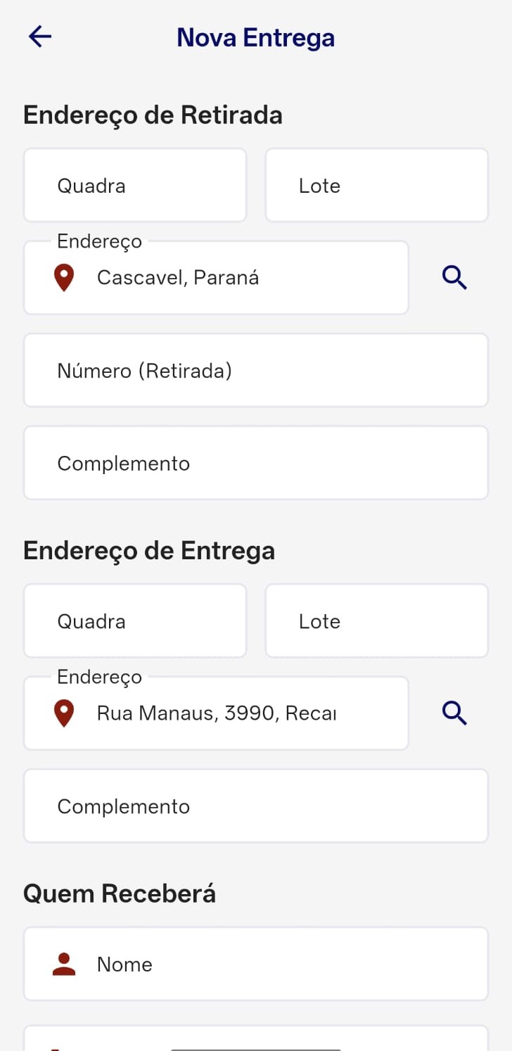 Formulário Nova Entrega: endereço de retirada e de entrega com quadra, lote, número e complemento, e os dados de quem vai receber.